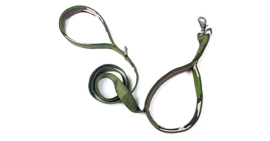 5ft 2 in 1 Dog Leash - Green with Green Camo featuring ergonomic handles and mil tech tubular webbing.