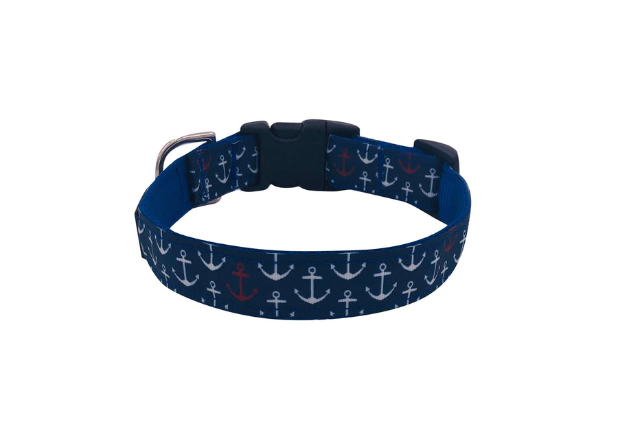 Anchors Away Collar featuring a navy background with anchor patterns, quick release buckle, and durable stitching.