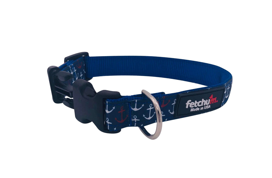 Anchors Away Collar featuring durable nylon webbing, quick release buckle, and D ring, made in the USA.