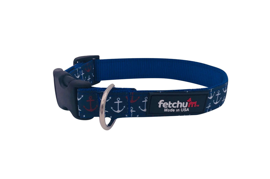 Anchors Away Collar featuring durable nylon webbing and anchor print design, made in the USA.
