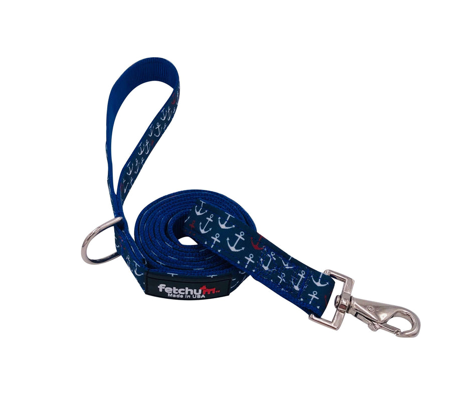 ANCHORS AWAY LEASH featuring strong, stylish design with anchor pattern and durable swivel snap for pets.
