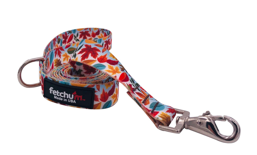 AUTUMN LEAF LEASH featuring vibrant leaf patterns, made of strong polyester with a stylish swivel snap and D ring.