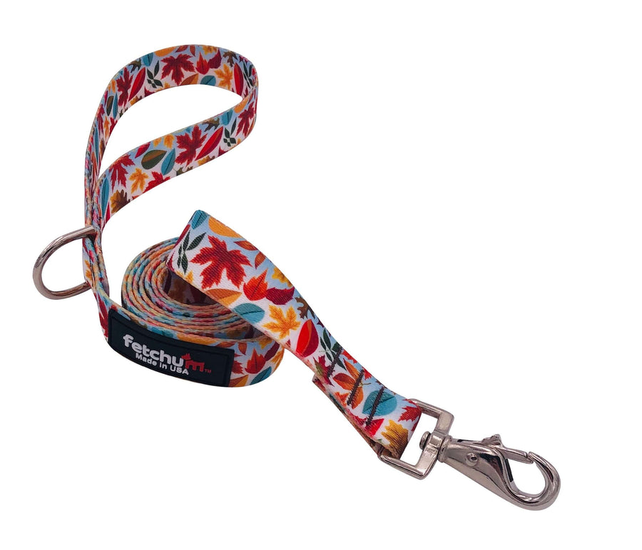AUTUMN LEAF LEASH featuring colorful autumn leaves design, sturdy swivel snap, and D-ring for attachments.