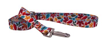 AUTUMN LEAF LEASH featuring colorful leaf patterns, strong polyester webbing, 5ft length, and sturdy swivel snap.