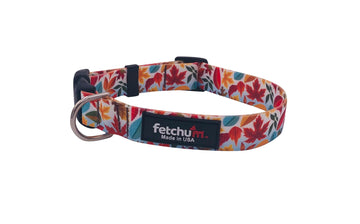 Autumn Leaves Collar featuring vibrant leaf designs, made in USA, with quick release buckle and durable materials.