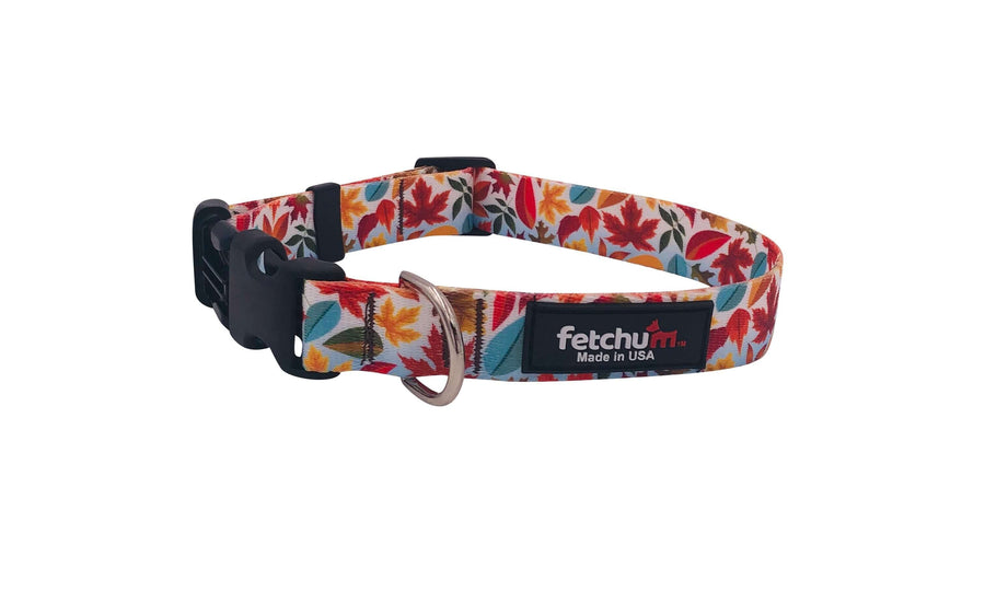 Autumn Leaves Collar featuring colorful leaf print, durable UV-resistant fabric, quick release buckle, and D-ring.