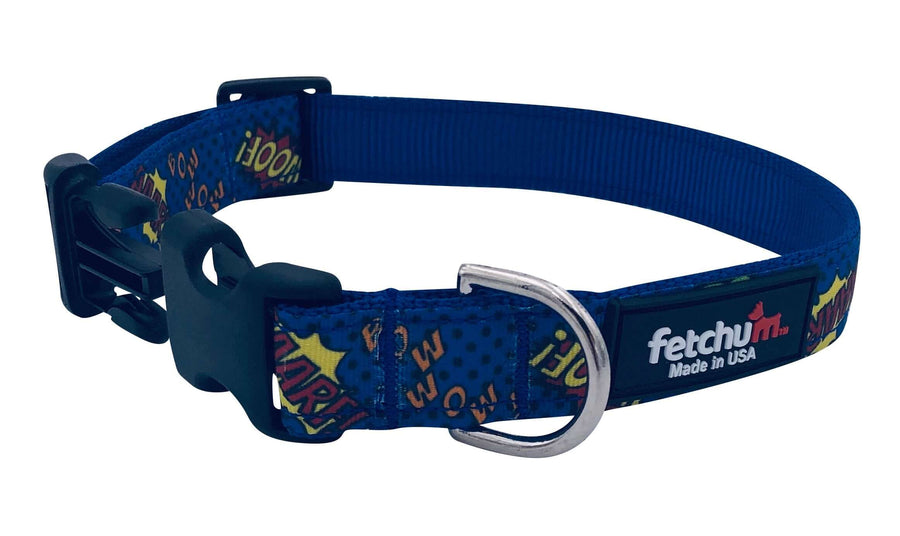 Bark, Woof, Wow Collar in blue with comic style print, featuring quick release buckle and D ring, made in the USA.