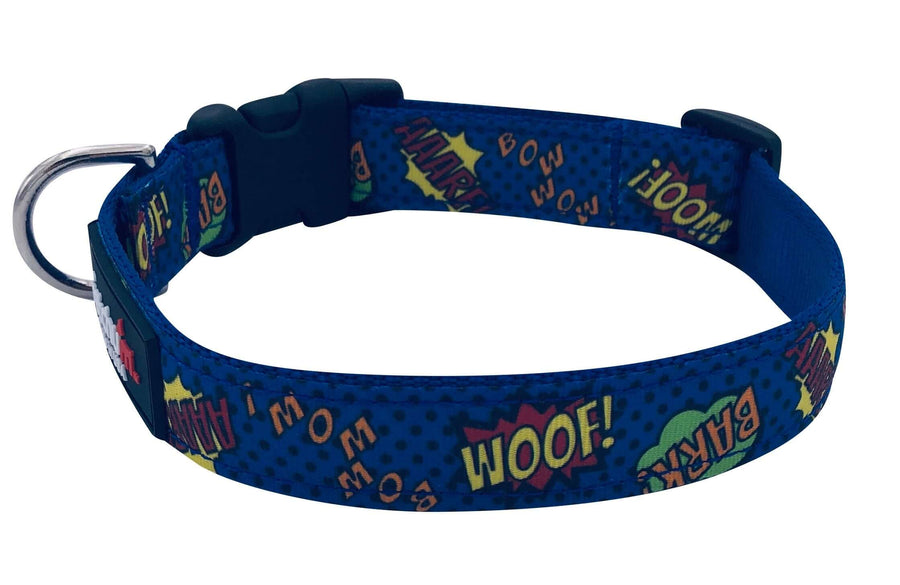 Bark, Woof, Wow Collar featuring a colorful comic design, durable nylon webbing, and easy-release buckle.