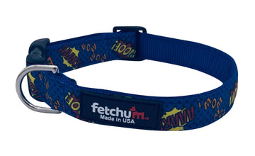 Bark, Woof, Wow Collar made of tubular nylon with colorful comic-style designs, easy quick release buckle, made in the USA.