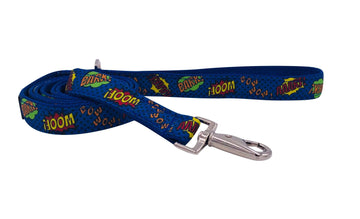 BARK WOOF WOW  LEASH in blue featuring colorful graphics and a silver swivel snap for easy attachment.