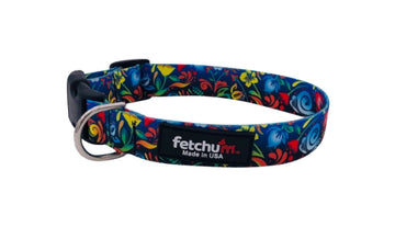 Blue Floral Collar with colorful floral designs, made with durable polyester and reflective strips for safety.