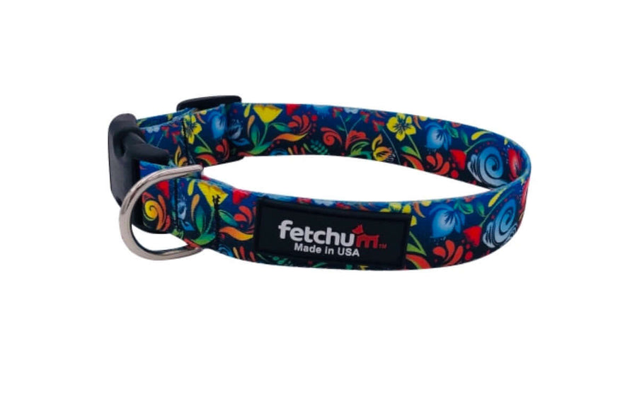 Blue Floral Collar with colorful floral designs, made with durable polyester and reflective strips for safety.