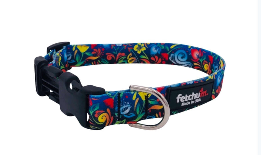 Blue Floral Collar featuring vibrant floral prints, quick release buckle, and durable D ring for pet safety.