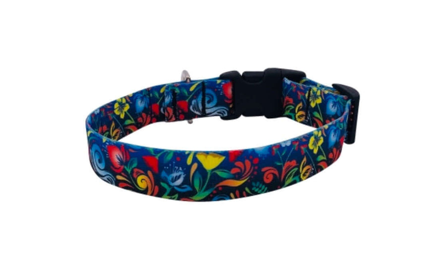 Blue Floral Collar with vibrant floral patterns and quick-release buckle, made from durable polyester.