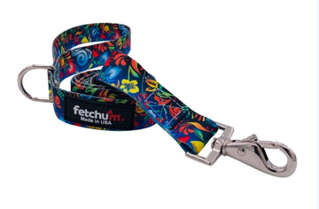 BLUE FLORAL LEASH featuring vibrant floral patterns, lightweight polyester, and a stylish swivel snap, made in the USA.