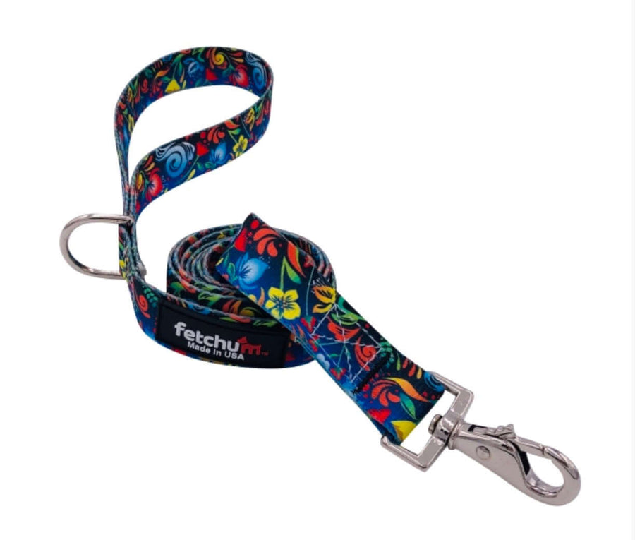 BLUE FLORAL LEASH featuring bright floral patterns, sturdy swivel snap, and comfortable design, made in the USA.