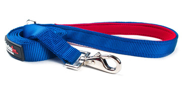 BLUE PADDED HANDLE LEASH with ergonomic neoprene handle and stylish swivel snap, ideal for a comfortable grip.