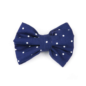 Blue Polka Dot Bowtie for dogs, made of 100% cotton, attaches easily to collars, unique pattern placement.