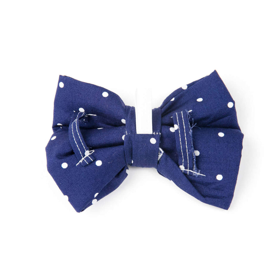 Blue Polka Dot Bowtie for dogs, made of 100% cotton, easy to attach to collars for special occasions.