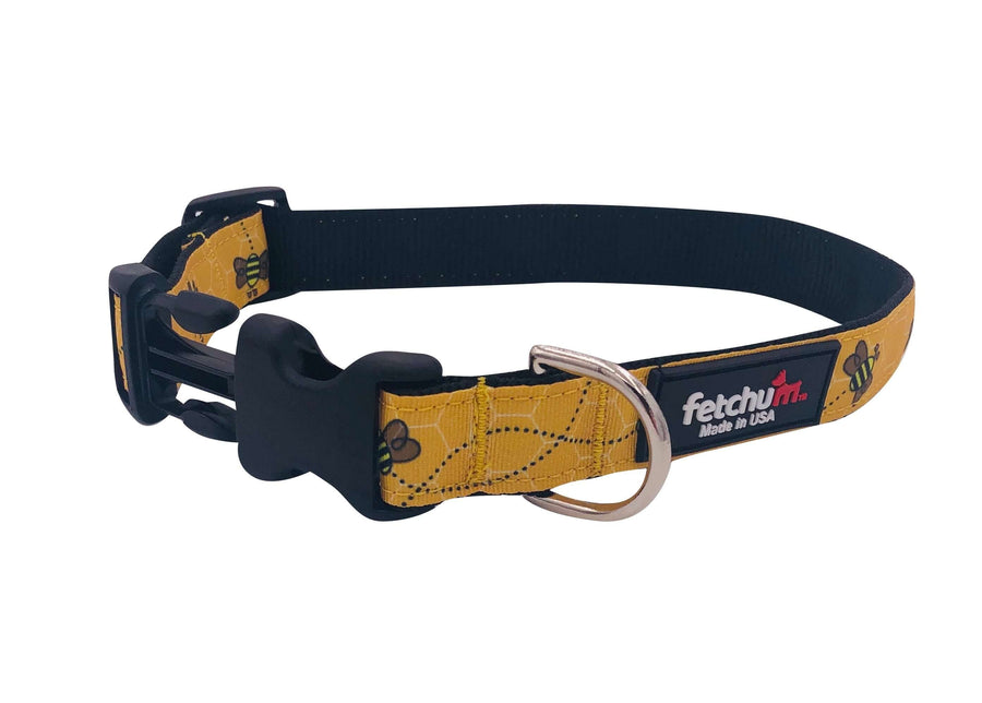 Bumble Bee Collar made of durable nylon webbing with quick release buckle, reinforced stitching, and D ring for pets.