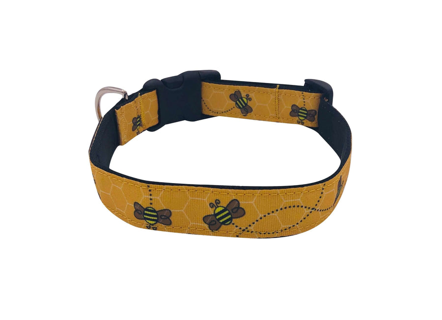 Bumble Bee Collar featuring a yellow tubular nylon webbing with bee pattern, reinforced stitching, and quick release buckle.