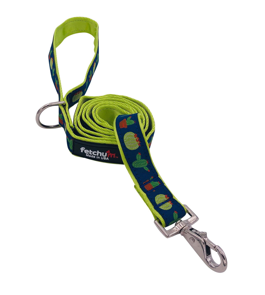 CACTUS LEASH featuring vibrant cactus design, mil spec webbing, swivel snap, and D ring for attaching accessories.