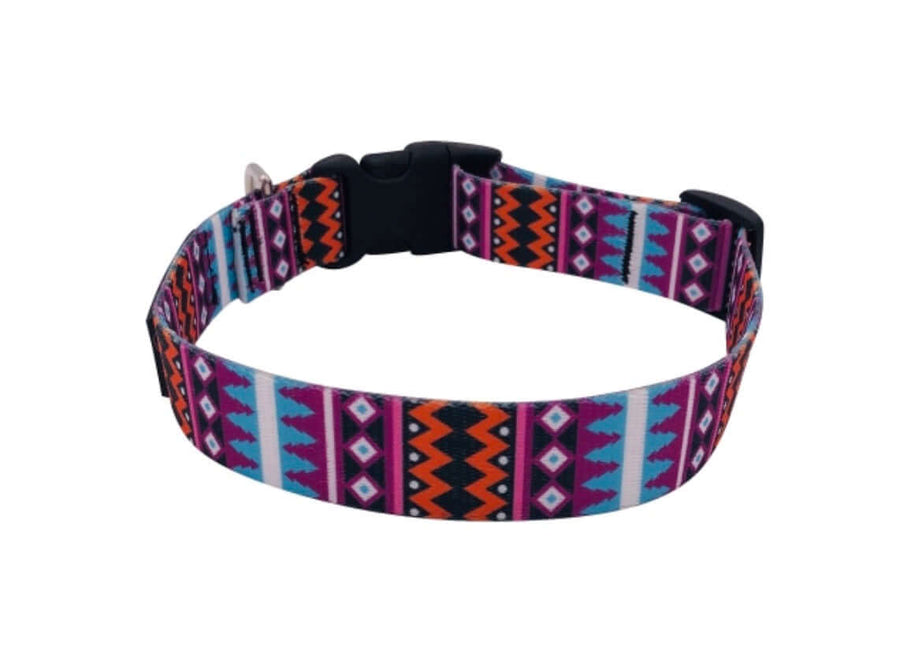 Leila Collar featuring colorful geometric patterns, made with durable polyester webbing and quick-release buckle.