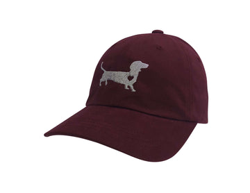 Dachshund love Hat featuring a stylish embroidered design on a maroon dad cap.