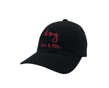Dog Mom Hat in black with pink embroidery, trendy low-profile dad cap style, perfect for dog lovers.