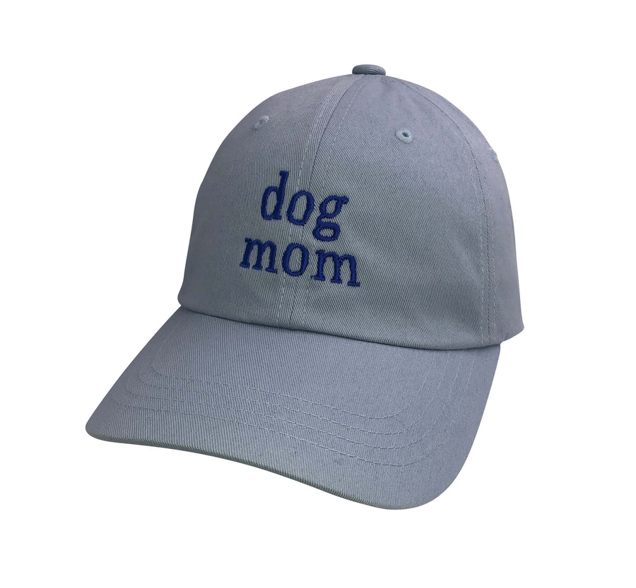 Trendy Dog Mom Hat in light gray with blue custom embroidery, 100% cotton, perfect for dog lovers.