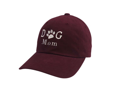Dog Mom Hat in burgundy with classic embroidery and adjustable brass buckle for comfort and style.