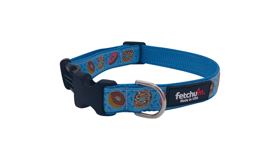 Donut Collar made with durable nylon webbing, featuring donut prints, quick release buckle, and D ring, made in the USA.