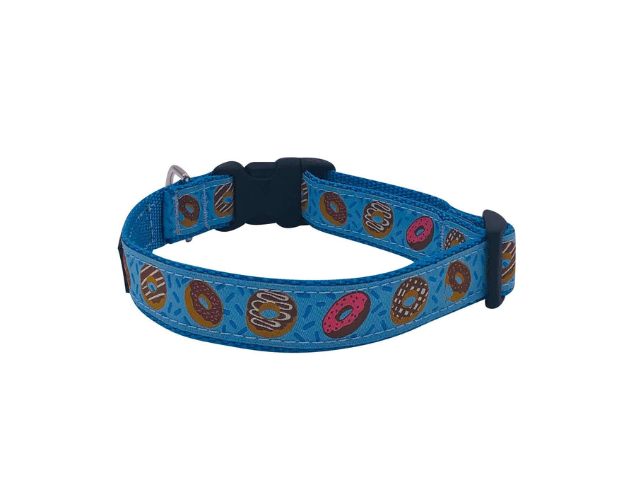 Donut Collar made of tubular nylon webbing with colorful donut pattern, quick release buckle, and D ring.