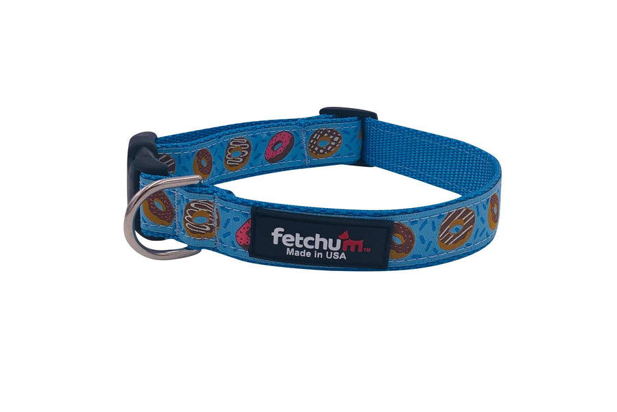 Donut Collar featuring a blue design with colorful donuts, made from durable nylon, with quick release buckle and D ring.