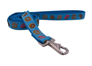 DONUT LEASH featuring donut prints on a blue background with a stylish swivel snap for convenience.