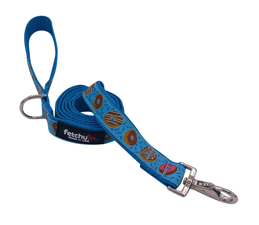 DONUT LEASH in blue with donut patterns, featuring a comfortable grip and durable snap for dogs.