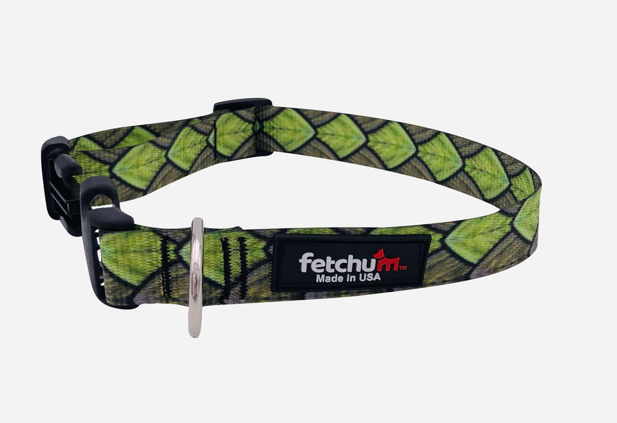 Dragon Scales Collar made of polyester webbing, UV and moisture resistant with quick release buckle, made in USA.
