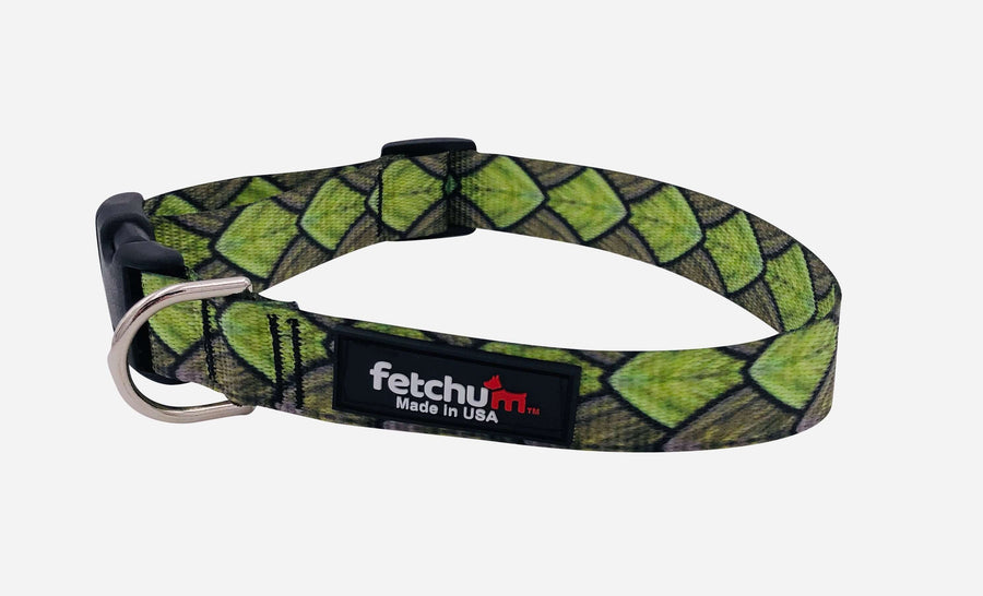 Dragon Scales Collar featuring green scales design, durable materials, quick release buckle, and D ring.
