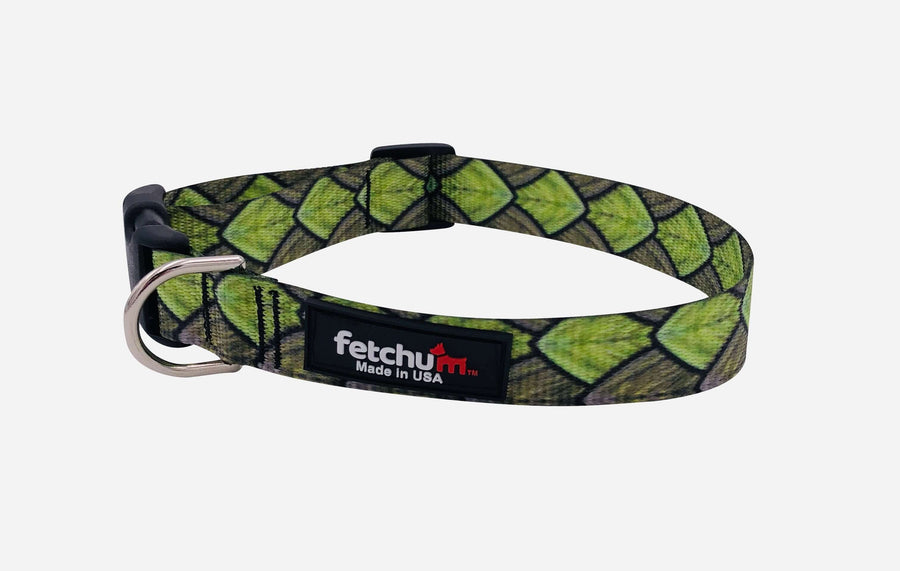 Dragon Scales Collar made with durable polyester print webbing, featuring a quick release buckle and D ring, made in USA.