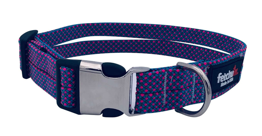 Electric Blitz Adjustable Rope Collar in vibrant pink and blue, made with premium climbing rope, featuring quick release buckle.