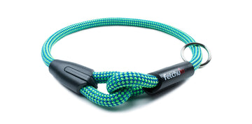 Fetchum Dog Collar In Laguna Pawcifico made from durable climbing rope with bright blue and green color.