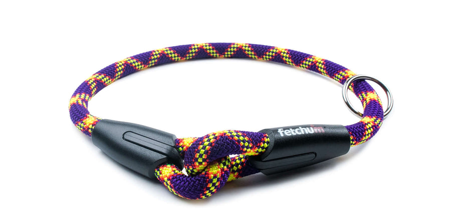 Fetchum Dog Collar In Mardi Paw featuring a durable woven design with climbing rope and molded ends.