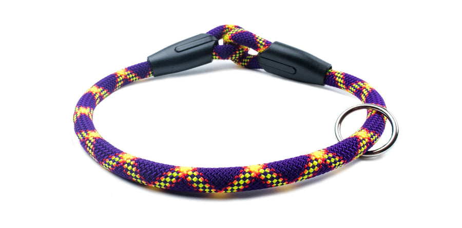 Fetchum Dog Collar In Mardi Paw made of premium climbing rope, purple with colorful patterns, fixed length for comfort.