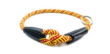 Fetchum Dog Collar in Tribal Sunset made of premium climbing rope with vibrant red and yellow woven design.