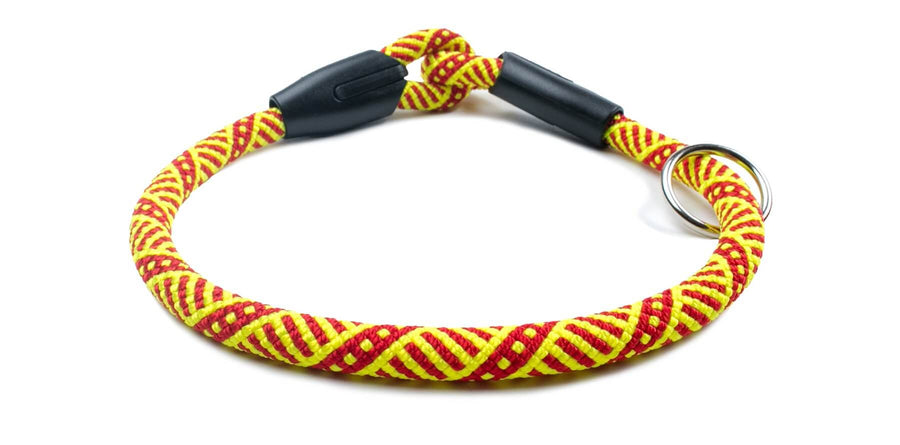 Fetchum Dog Collar in Tribal Sunset made from premium climbing rope with a vibrant yellow and red woven design.