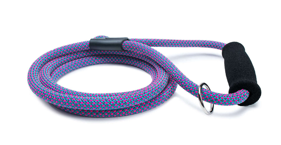 Fetchum Leash In Electric Blitz + Comfort Grip with a brightly colored climbing rope design and comfort foam grip handle.