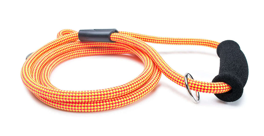 Fetchum Leash In Mango Tango + Comfort Grip for long walks, featuring premium climbing rope and comfort foam grip.