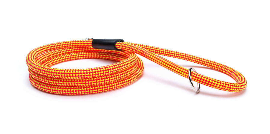 Fetchum Leash In Mango Tango, a durable climbing rope leash in vibrant mango and yellow colors.