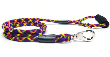 Fetchum Leash In Mardi Paw + Comfort Grip featuring a colorful design and durable swivel marine clip.