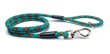 Fetchum Leash In Ocean Mist Twist featuring a vibrant climbing rope design and swivel marine clip for tangle-free use.